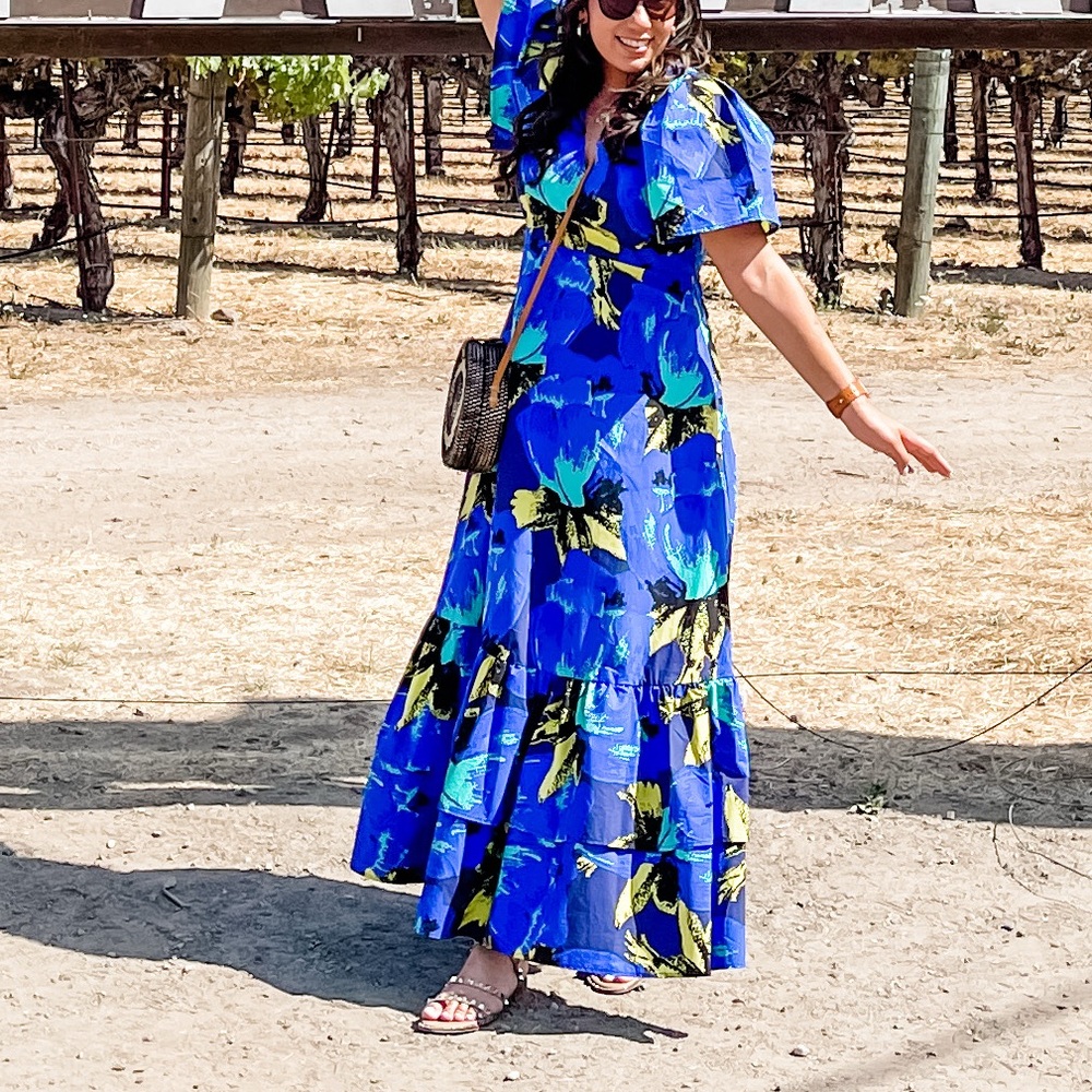 Christopher John Rogers Blue and Yellow Patterned Dress